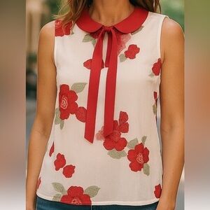 Floral Sleeveless Blouse with Red Accents